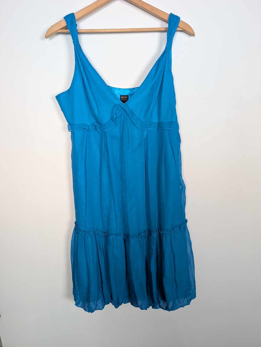 Vintage Y2K Turquoise Blue 100% Silk Bubble Hem Empire Babydoll Dress Size 12 - Picture 2 of 11